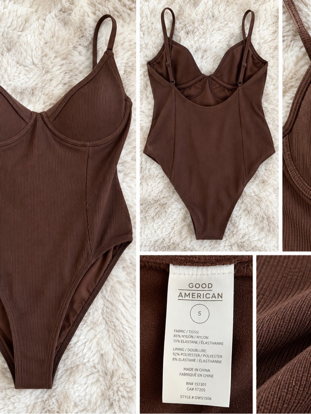 Good American Chocolate Brown Ribbed One-Piece Bodysuit